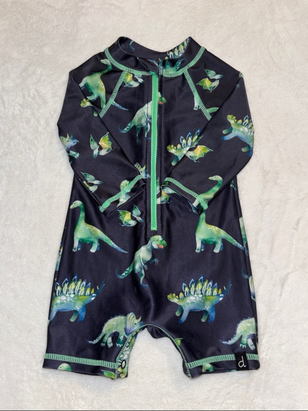 Deux Par deux Dino Zip Rash Guard One-Piece - gray with Green Dinosaurs Upf 50